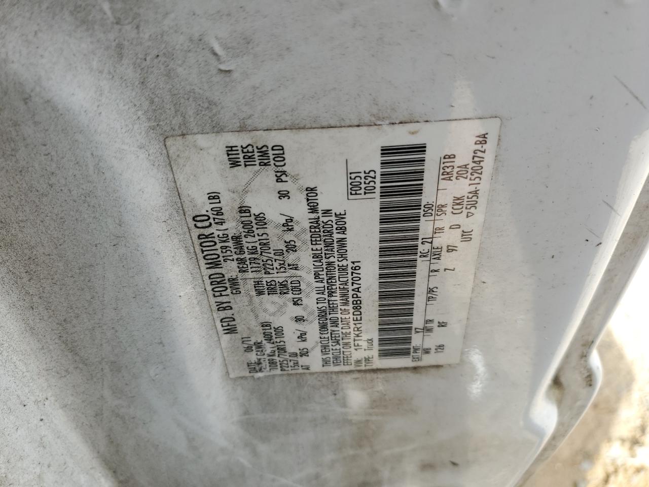 2011 Ford Ranger Super Cab VIN: 1FTKR1ED8BPA70761 Lot: 92401245