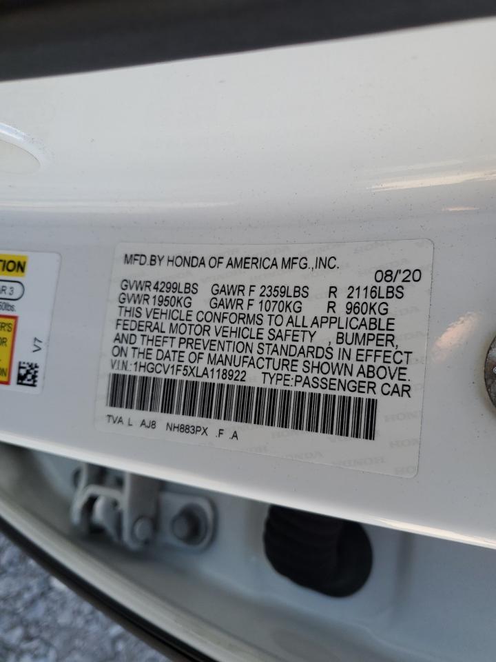 2020 Honda Accord Exl VIN: 1HGCV1F5XLA118922 Lot: 91265655
