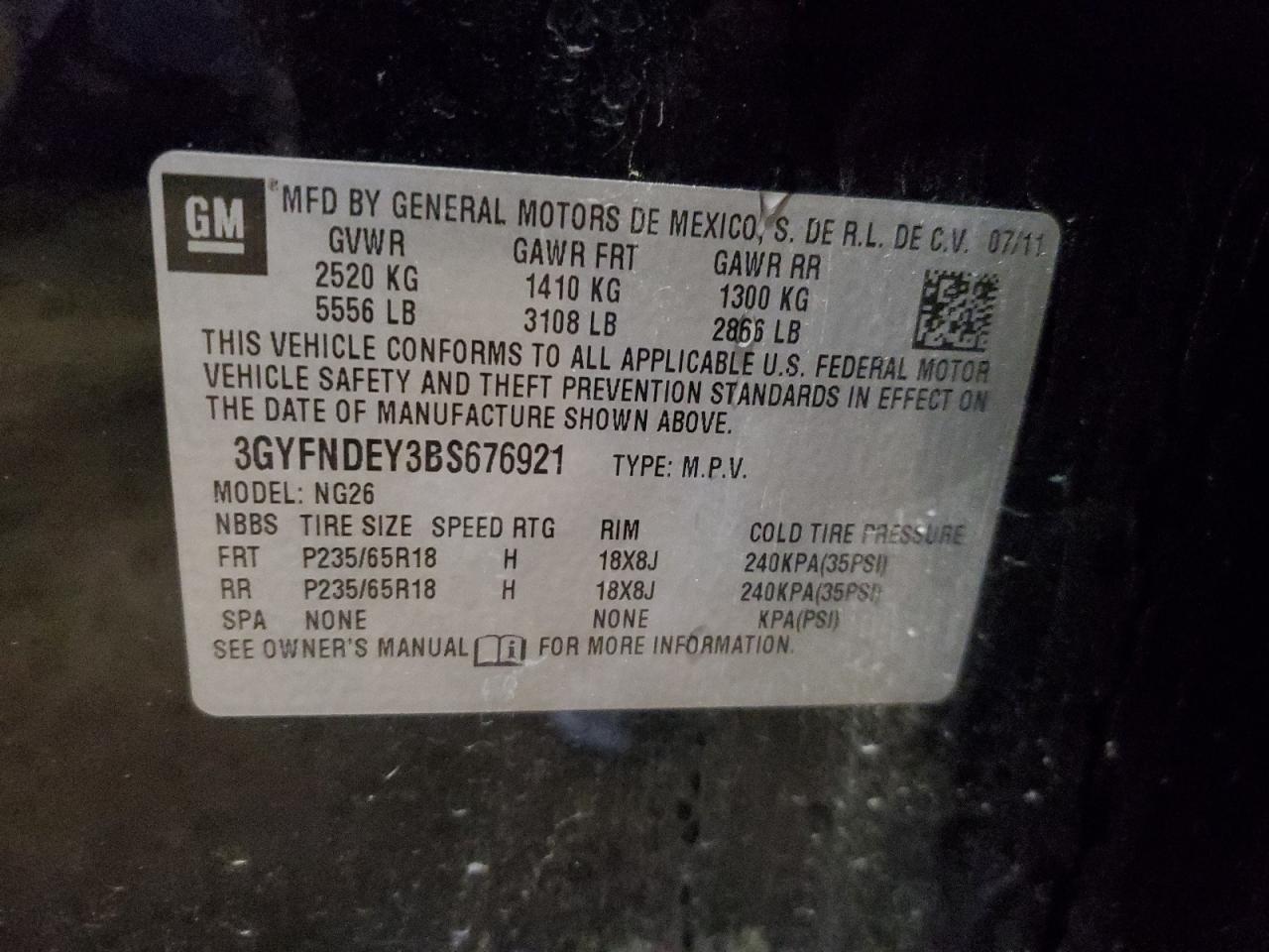 2011 Cadillac Srx Luxury Collection VIN: 3GYFNDEY3BS676921 Lot: 92853145