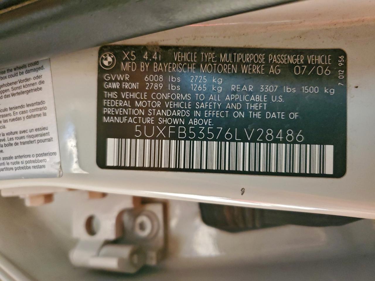 2006 BMW X5 4.4I VIN: 5UXFB53576LV28486 Lot: 94520855