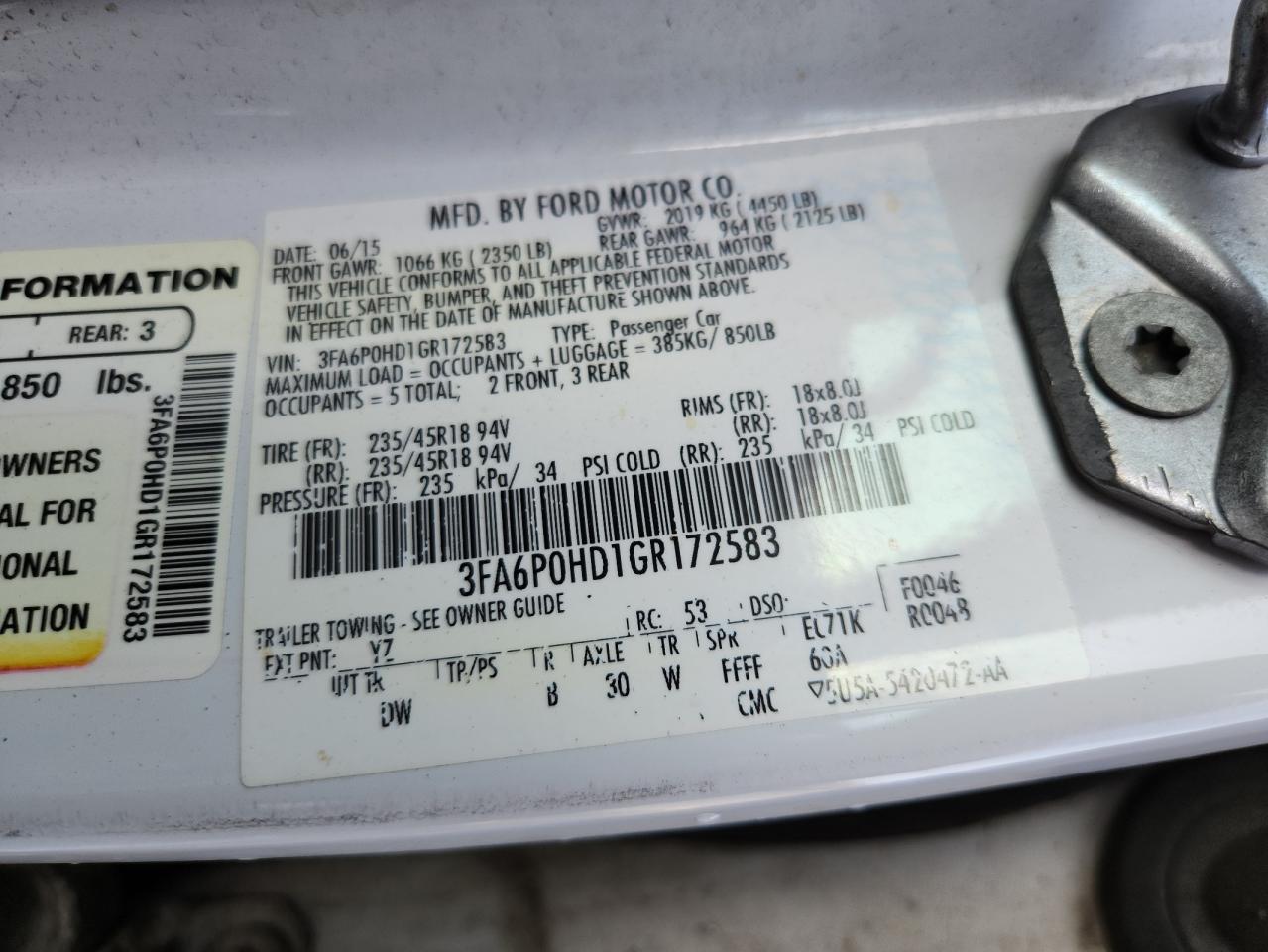 2016 Ford Fusion Se VIN: 3FA6P0HD1GR172583 Lot: 92279655