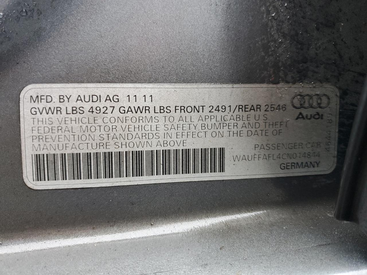 2012 Audi A4 Premium Plus VIN: WAUFFAFL4CN014844 Lot: 92366705