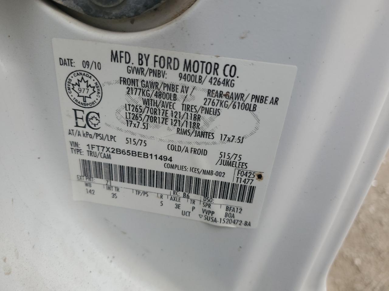 2011 Ford F250 Super Duty VIN: 1FT7X2B65BEB11494 Lot: 92874645