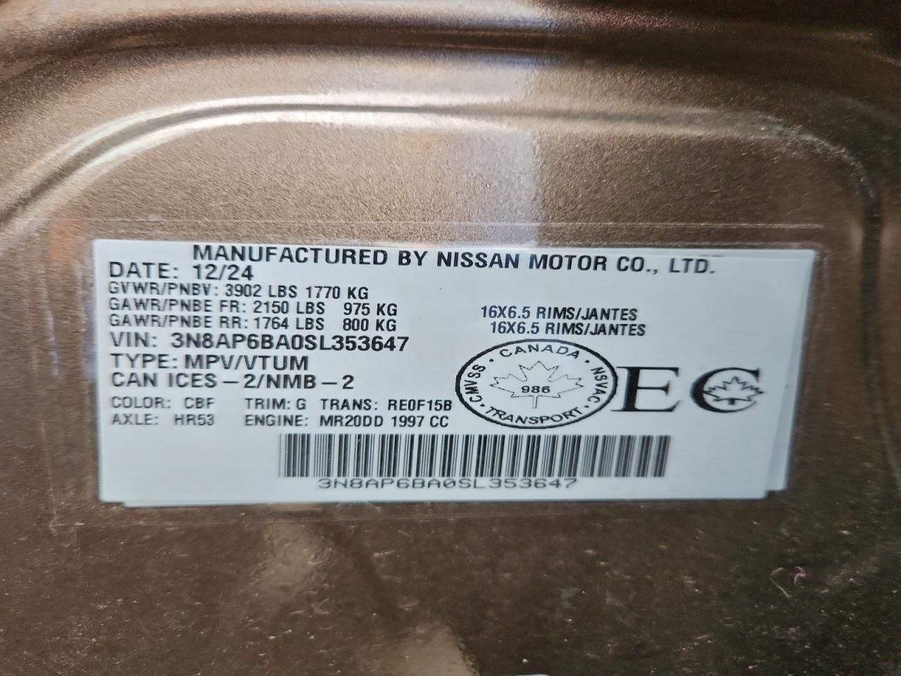 2025 Nissan Kicks S VIN: 3N8AP6BA0SL353647 Lot: 93703665