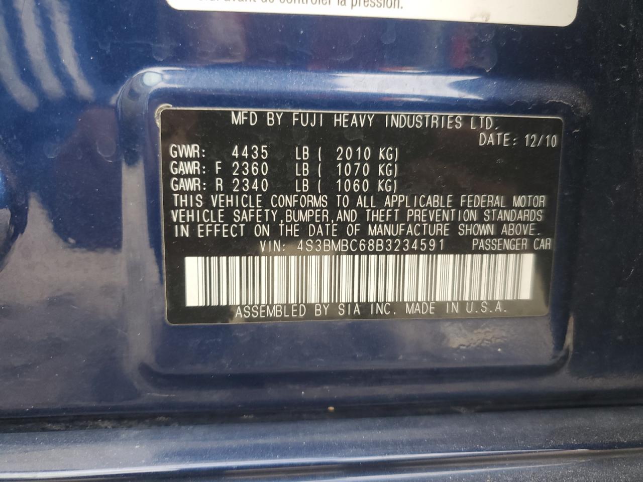 2011 Subaru Legacy 2.5I Premium VIN: 4S3BMBC68B3234591 Lot: 90758495