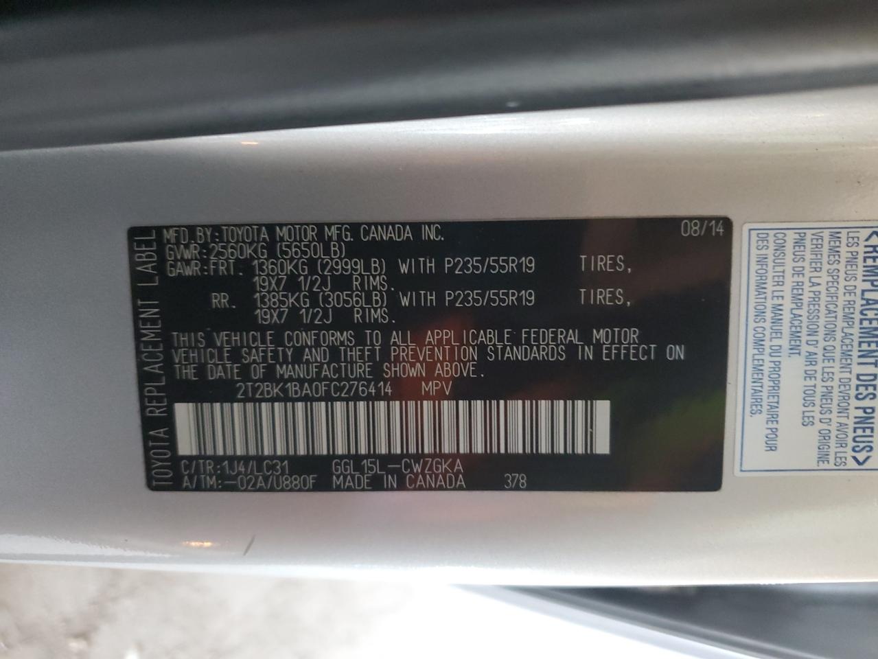 2015 Lexus Rx 350 Base VIN: 2T2BK1BA0FC276414 Lot: 91121455