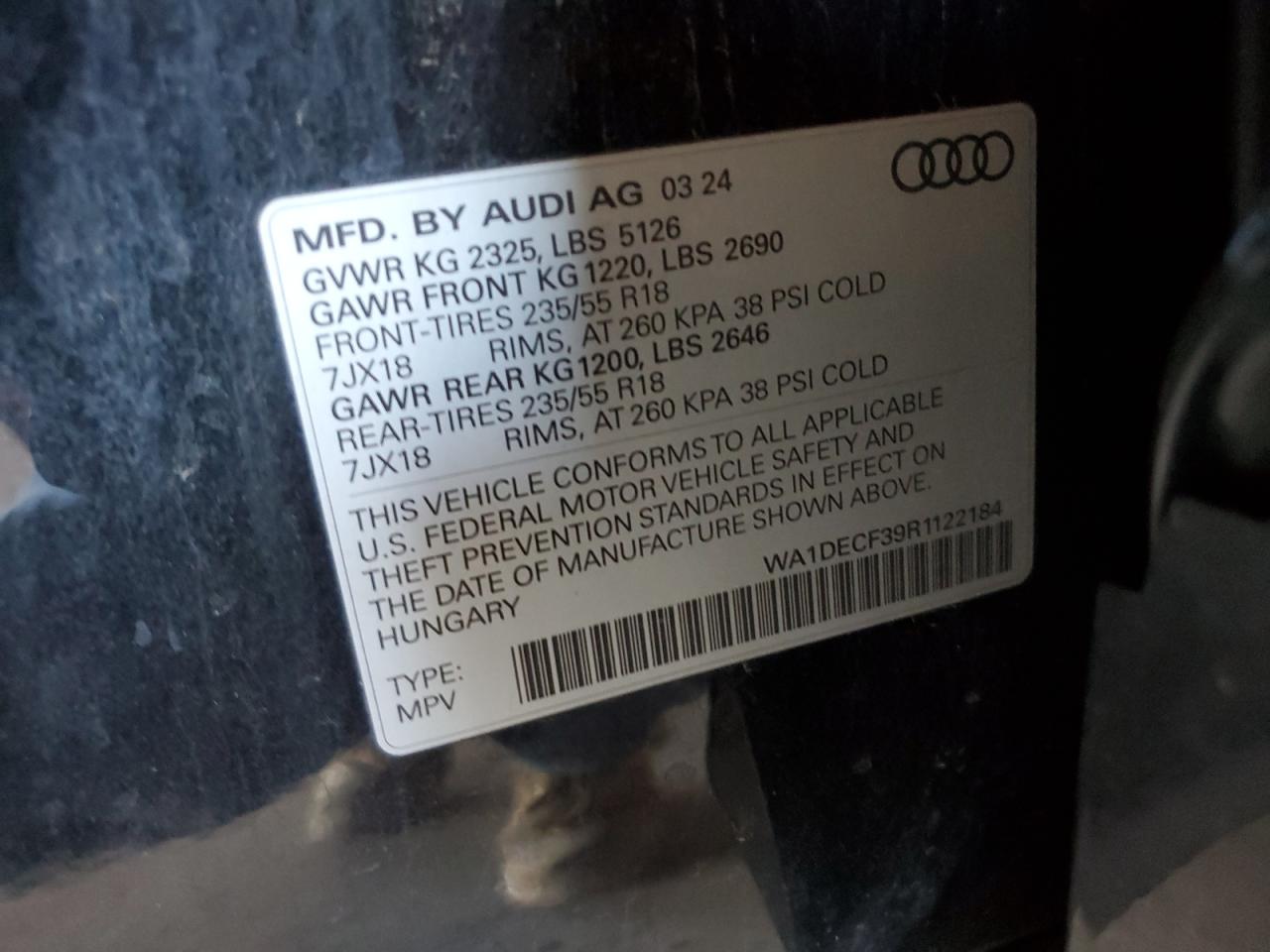 2024 Audi Q3 Premium S Line 45 VIN: WA1DECF39R1122184 Lot: 90760355