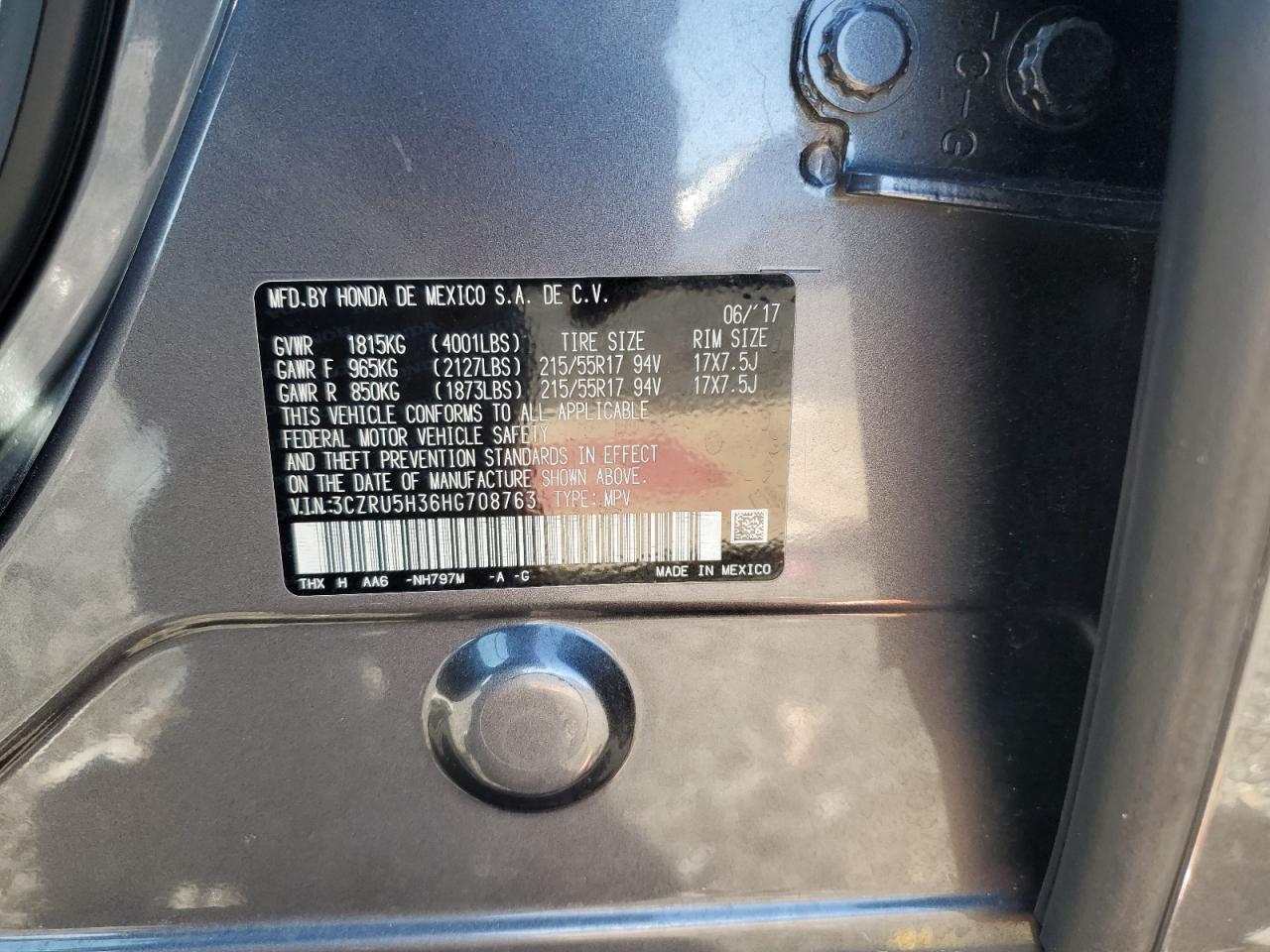 2017 Honda Hr-V Lx VIN: 3CZRU5H36HG708763 Lot: 91918375