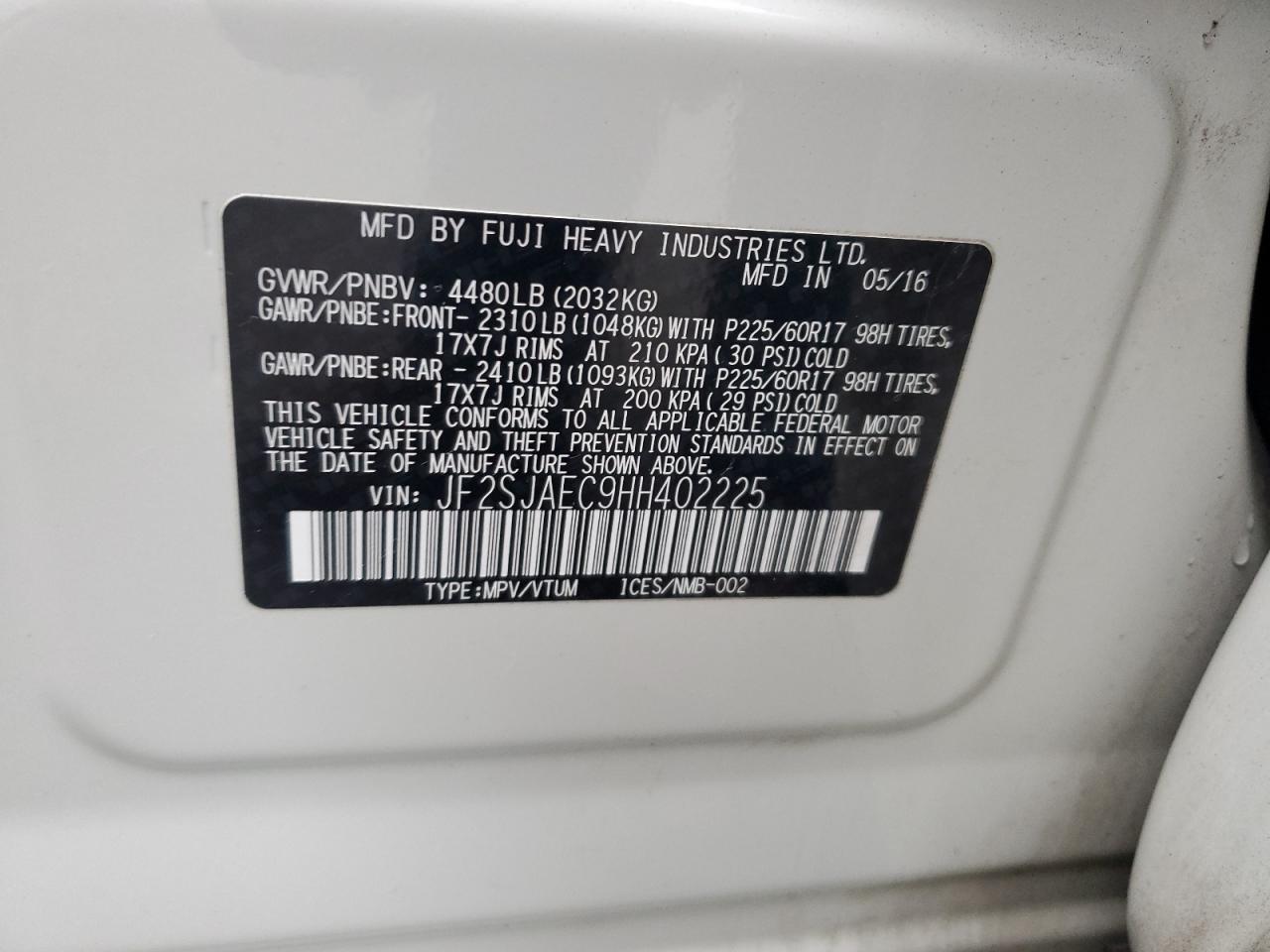 2017 Subaru Forester 2.5I Premium VIN: JF2SJAEC9HH402225 Lot: 90279565