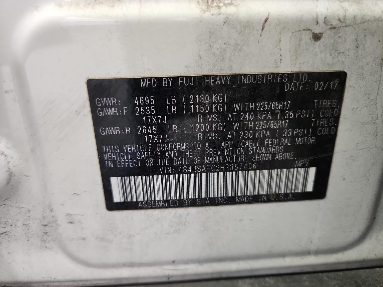 2017 Subaru Outback 2.5I Premium VIN: 4S4BSAFC2H3357406 Lot: 93561715