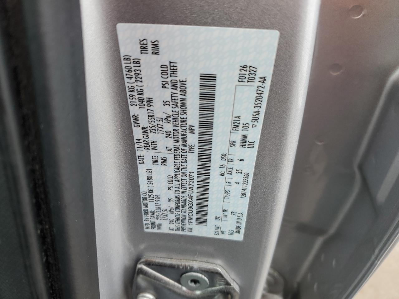 2015 Ford Escape Se VIN: 1FMCU9GX4FUA73071 Lot: 92694865