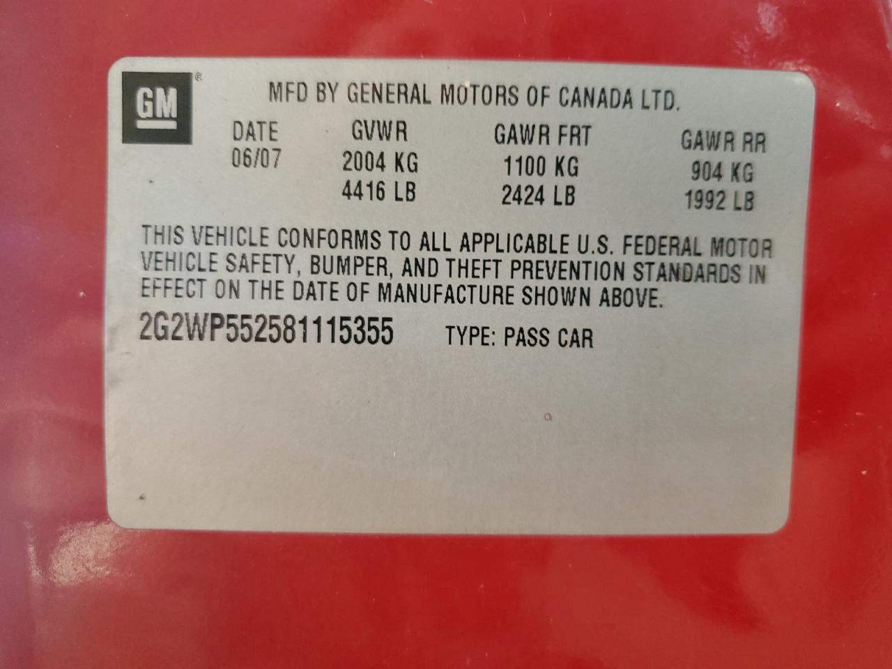 2008 Pontiac Grand Prix VIN: 2G2WP552581115355 Lot: 93202875