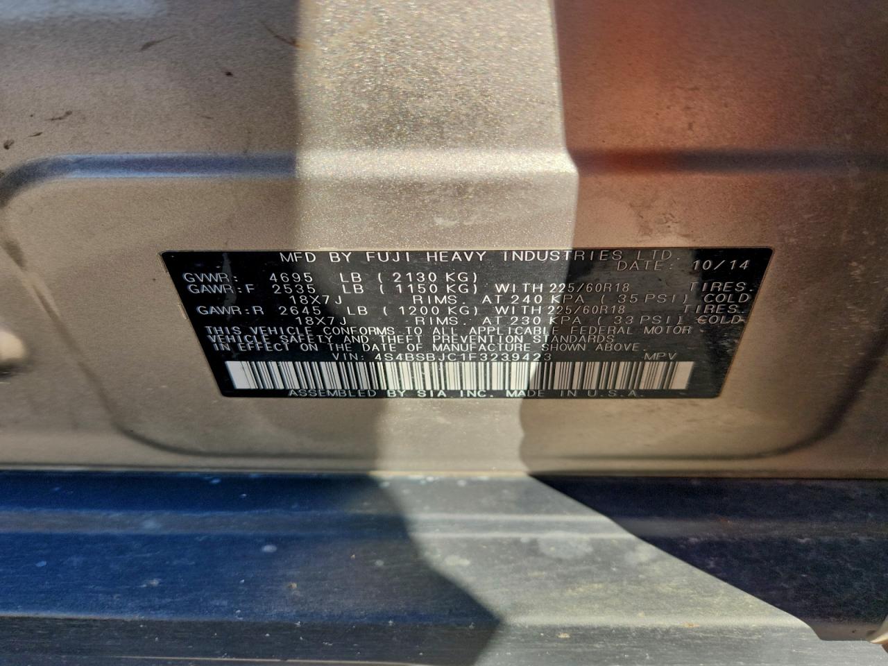 2015 Subaru Outback 2.5I Limited VIN: 4S4BSBJC1F3239423 Lot: 94713185