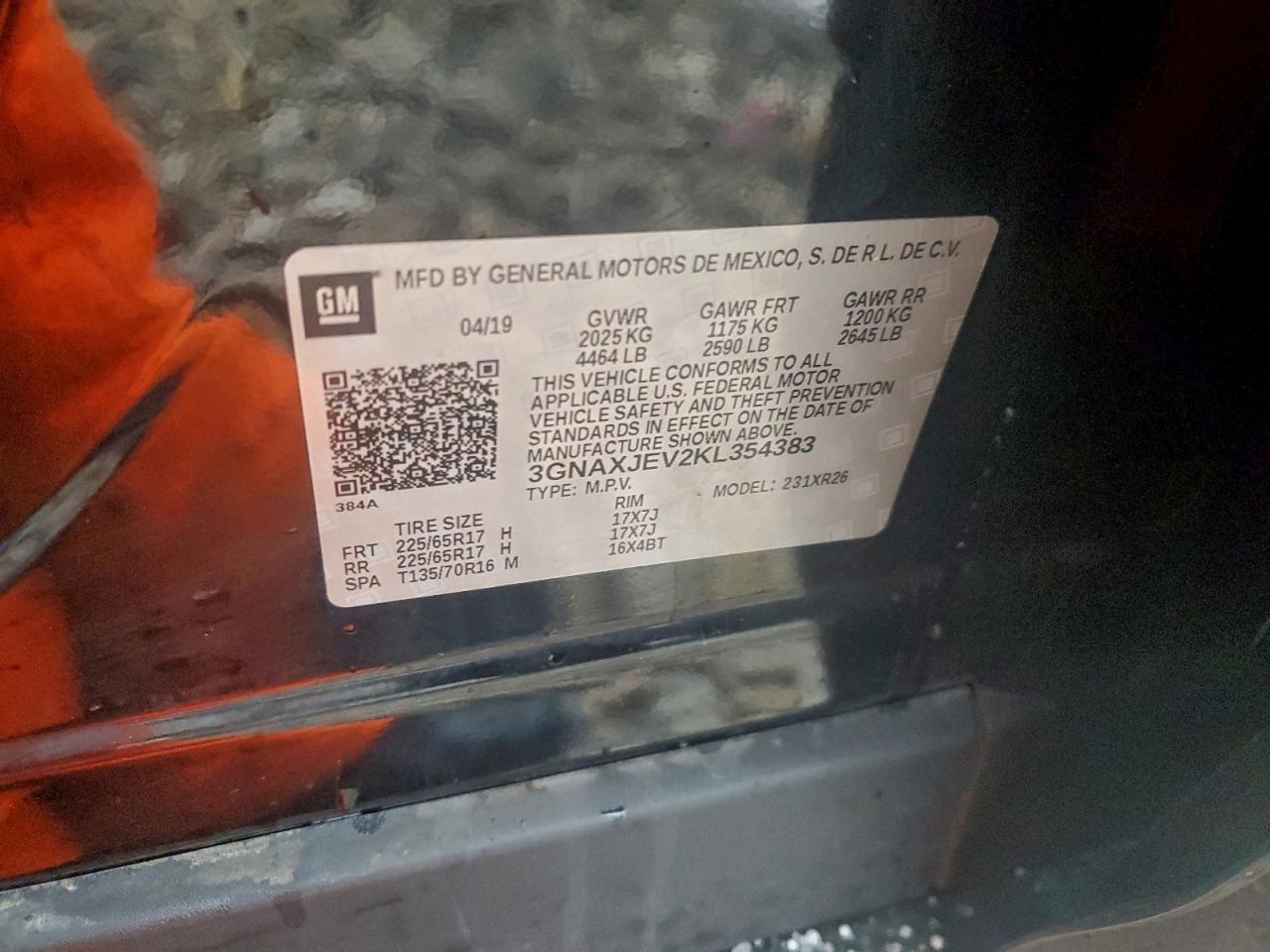 2019 Chevrolet Equinox Lt VIN: 3GNAXJEV2KL354383 Lot: 94463455