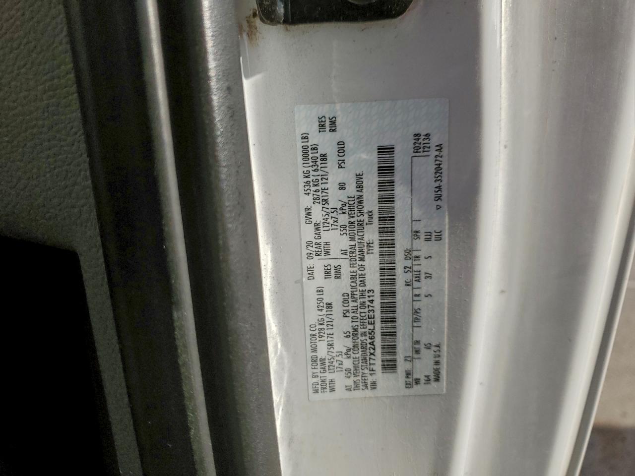 2020 Ford F250 Super Duty VIN: 1FT7X2A65LEE37413 Lot: 92602475