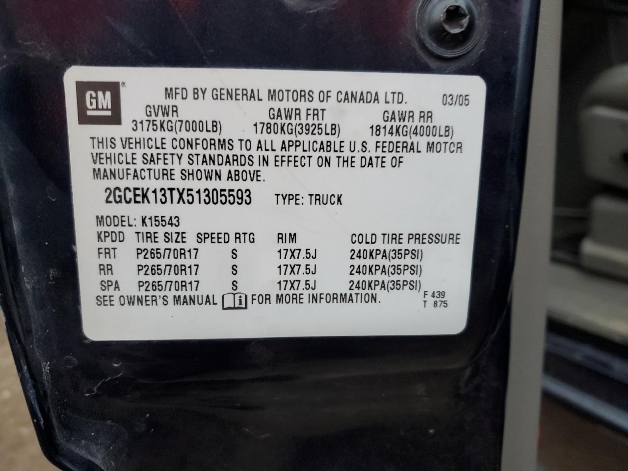 2005 Chevrolet Silverado K1500 VIN: 2GCEK13TX51305593 Lot: 93539025