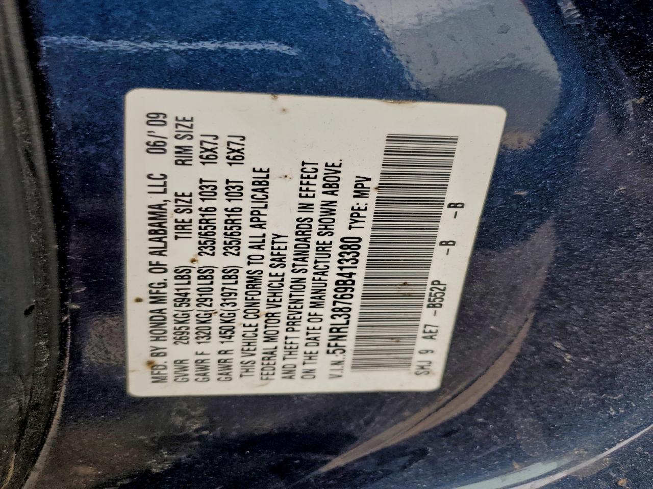 2009 Honda Odyssey Exl VIN: 5FNRL38769B413380 Lot: 94355165
