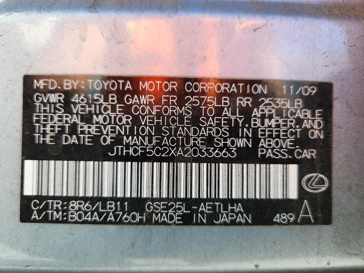 2010 Lexus Is 250 VIN: JTHCF5C2XA2033663 Lot: 93331295