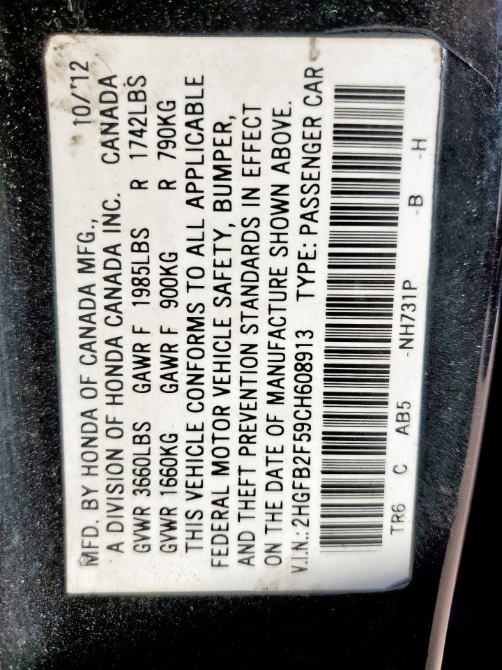 2012 Honda Civic Lx VIN: 2HGFB2F59CH608913 Lot: 92198325