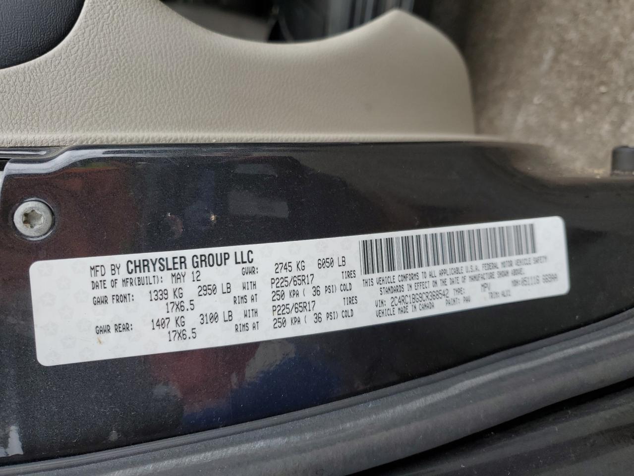 2012 Chrysler Town & Country Touring VIN: 2C4RC1BG9CR368542 Lot: 90665655