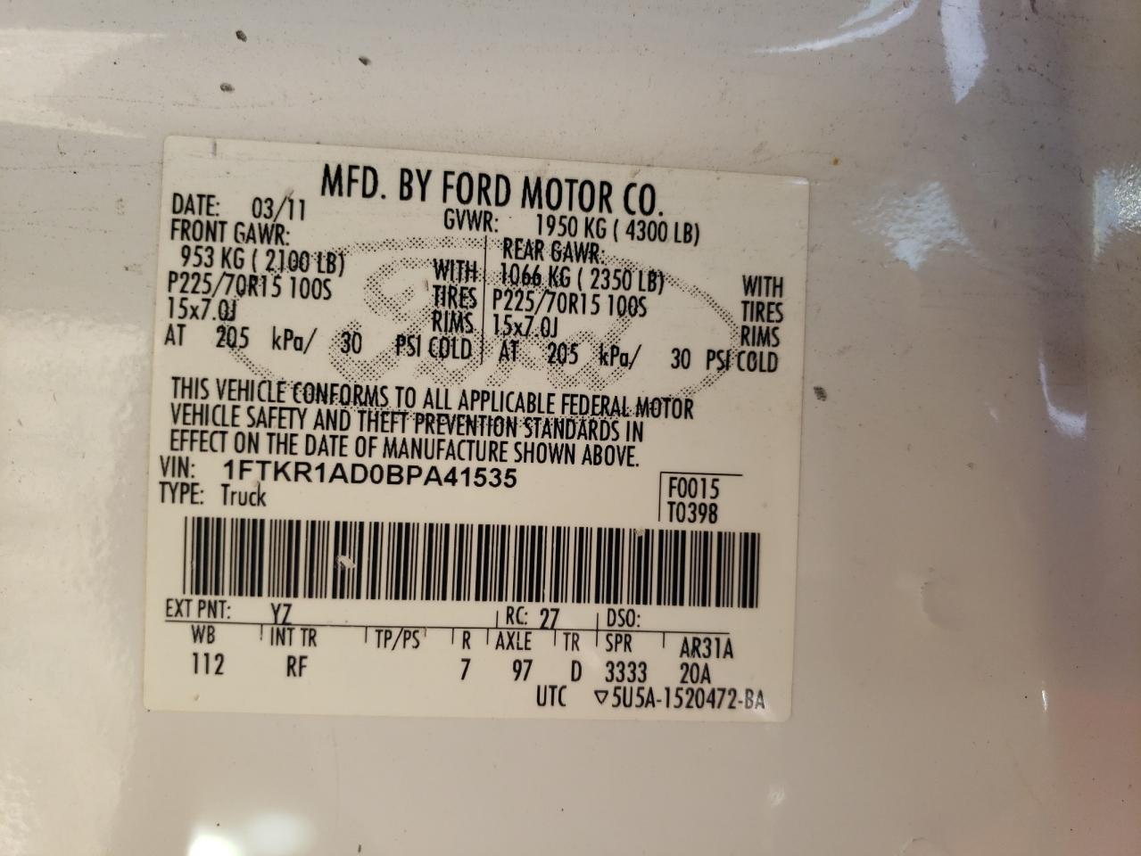 2011 Ford Ranger VIN: 1FTKR1AD0BPA41535 Lot: 91115145