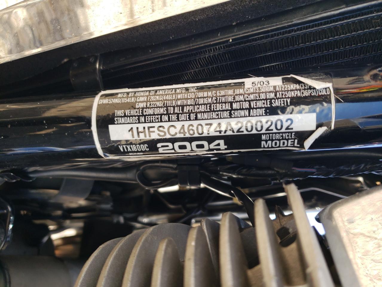 2004 Honda Vtx1800 C VIN: 1HFSC46074A200202 Lot: 92080425