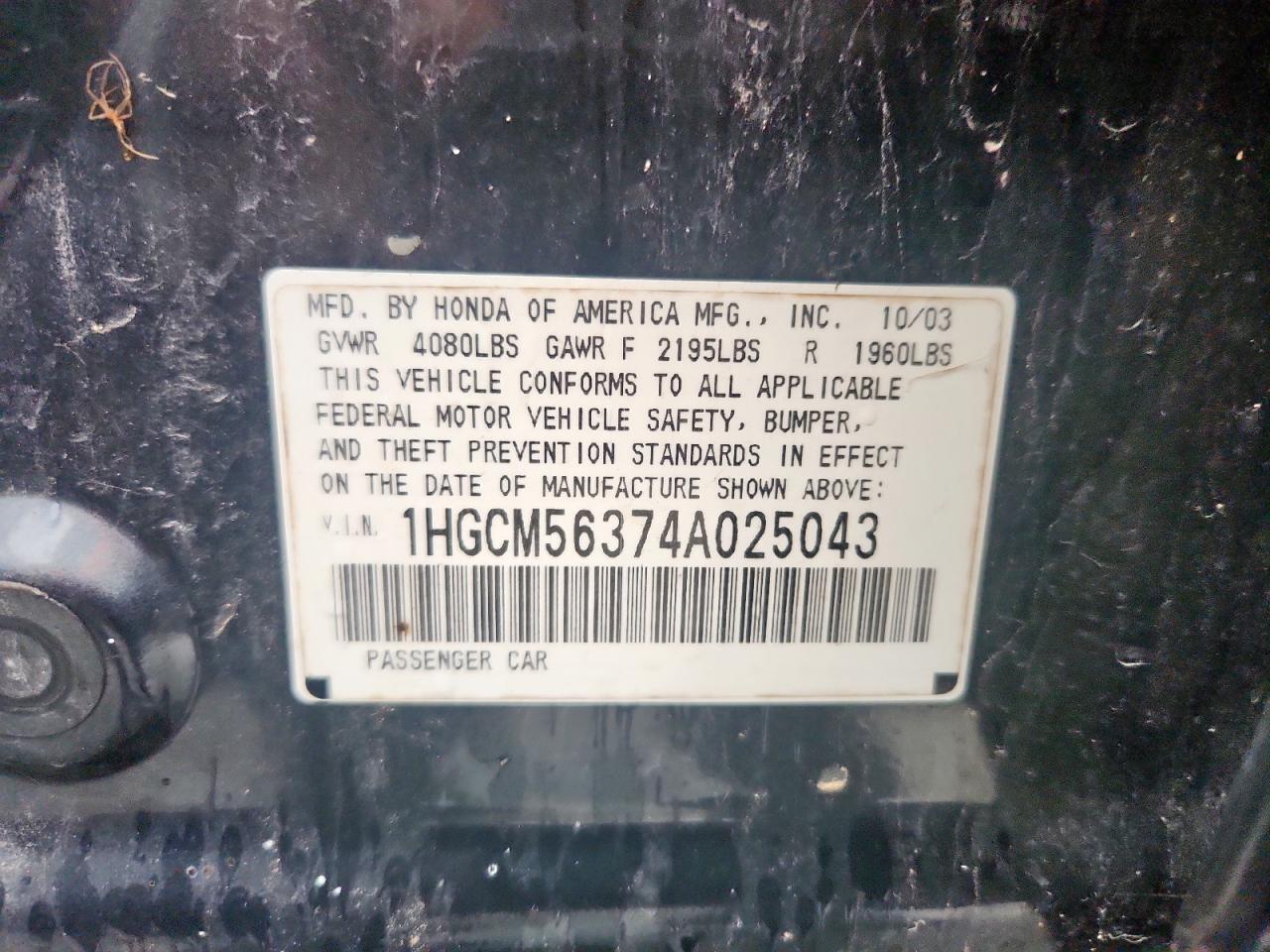 2004 Honda Accord Lx VIN: 1HGCM56374A025043 Lot: 93747585