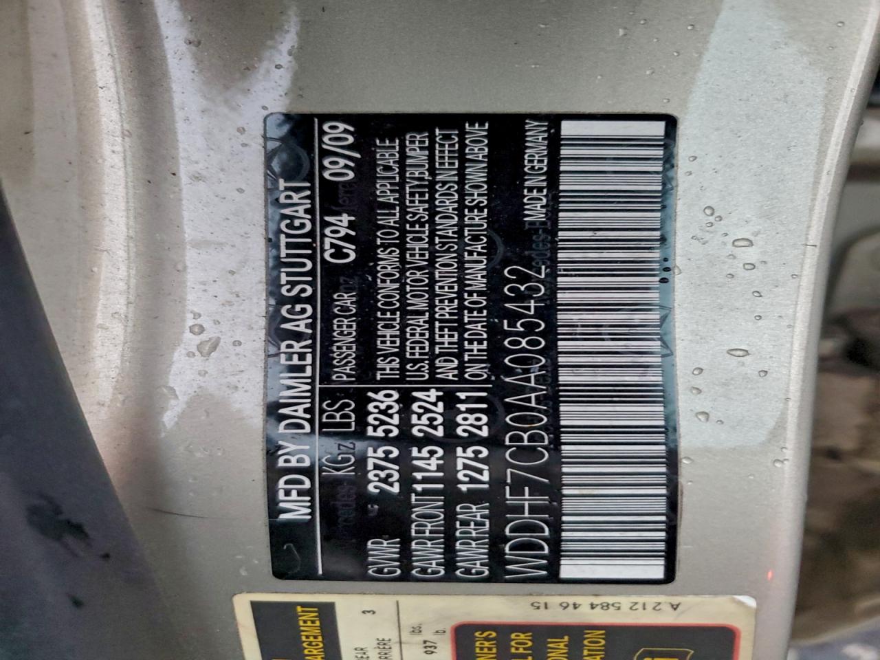 2010 Mercedes-Benz E 550 VIN: WDDHF7CB0AA085432 Lot: 94052555