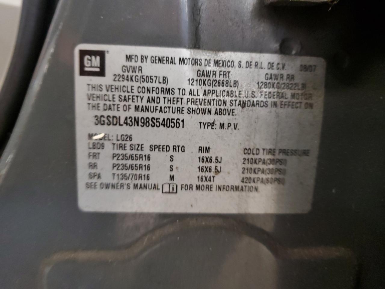 2008 Saturn Vue Xe VIN: 3GSDL43N98S540561 Lot: 91233675