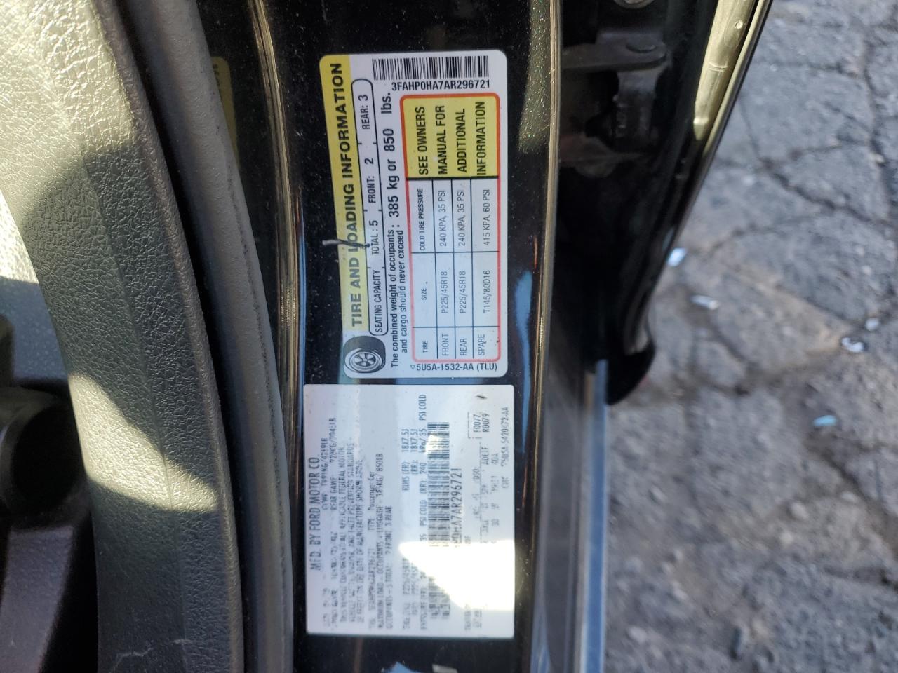 2010 Ford Fusion Se VIN: 3FAHP0HA7AR296721 Lot: 93023585