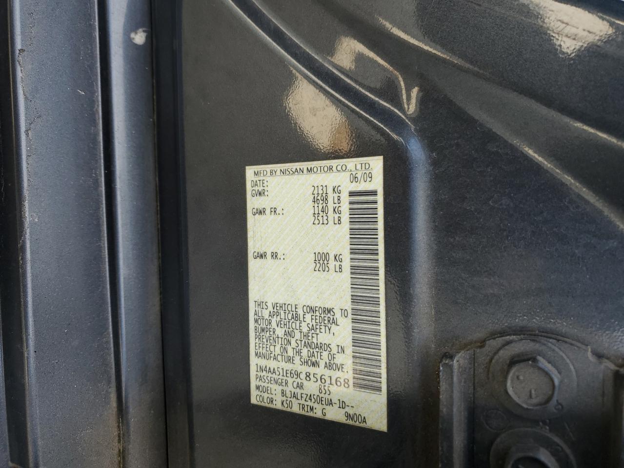 2009 Nissan Maxima S VIN: 1N4AA51E69C856168 Lot: 91696205