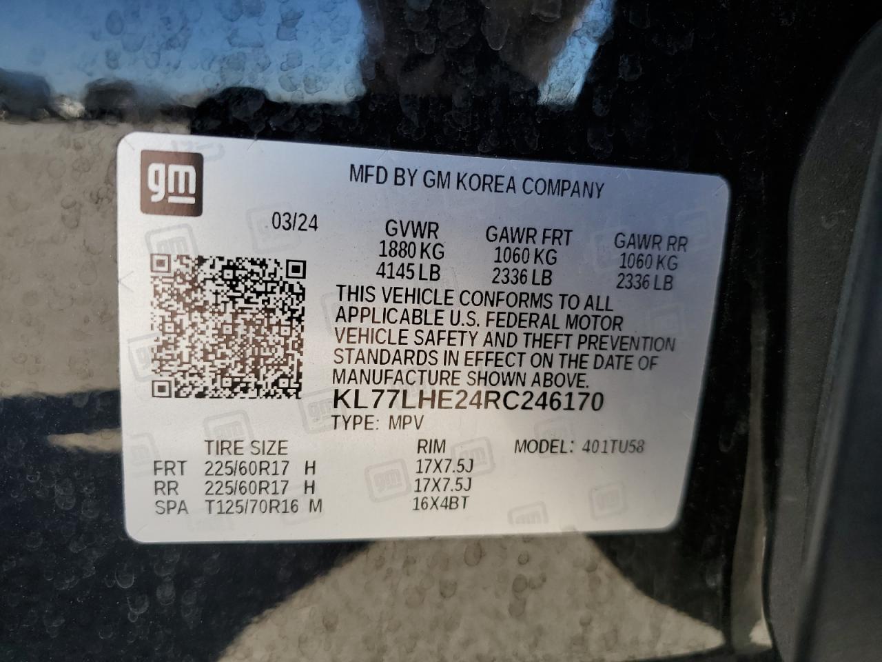 2024 Chevrolet Trax 1Lt VIN: KL77LHE24RC246170 Lot: 91703335