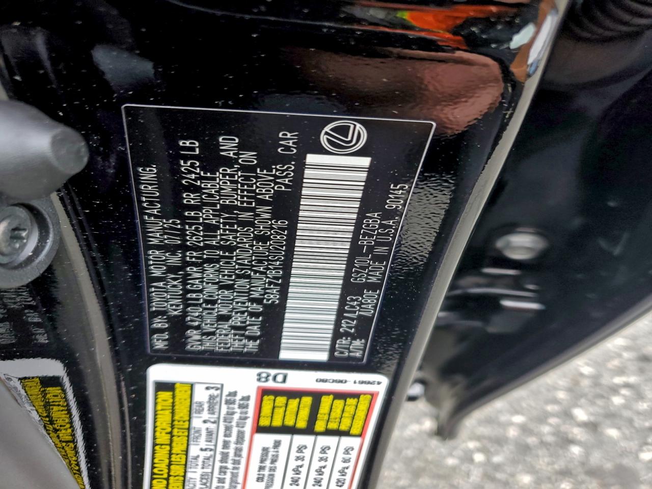 2025 Lexus Es 350 Base VIN: 58AFZ1B14SU208216 Lot: 93964605