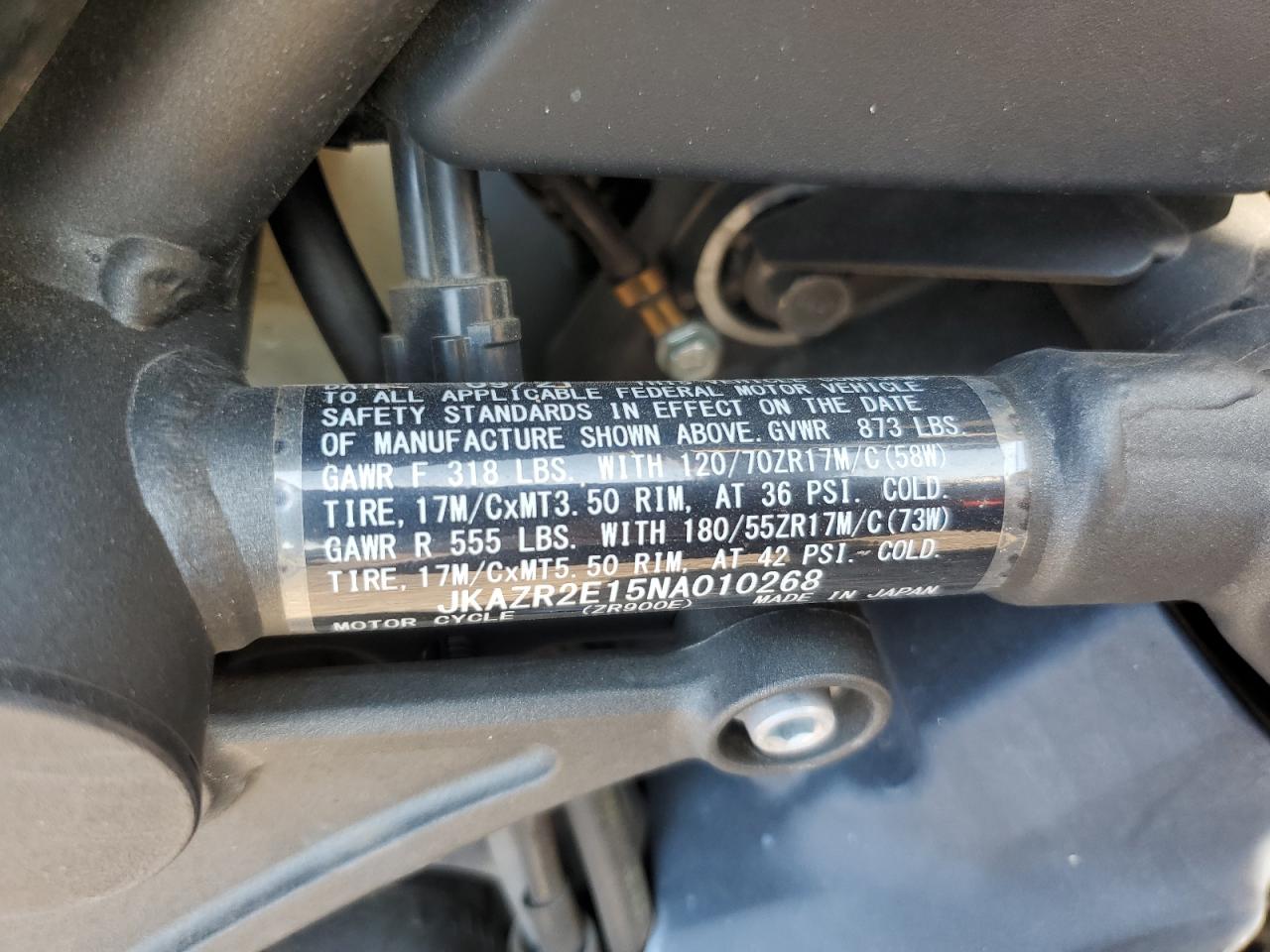 2022 Kawasaki Zr900 VIN: JKAZR2E15NA010268 Lot: 92704295