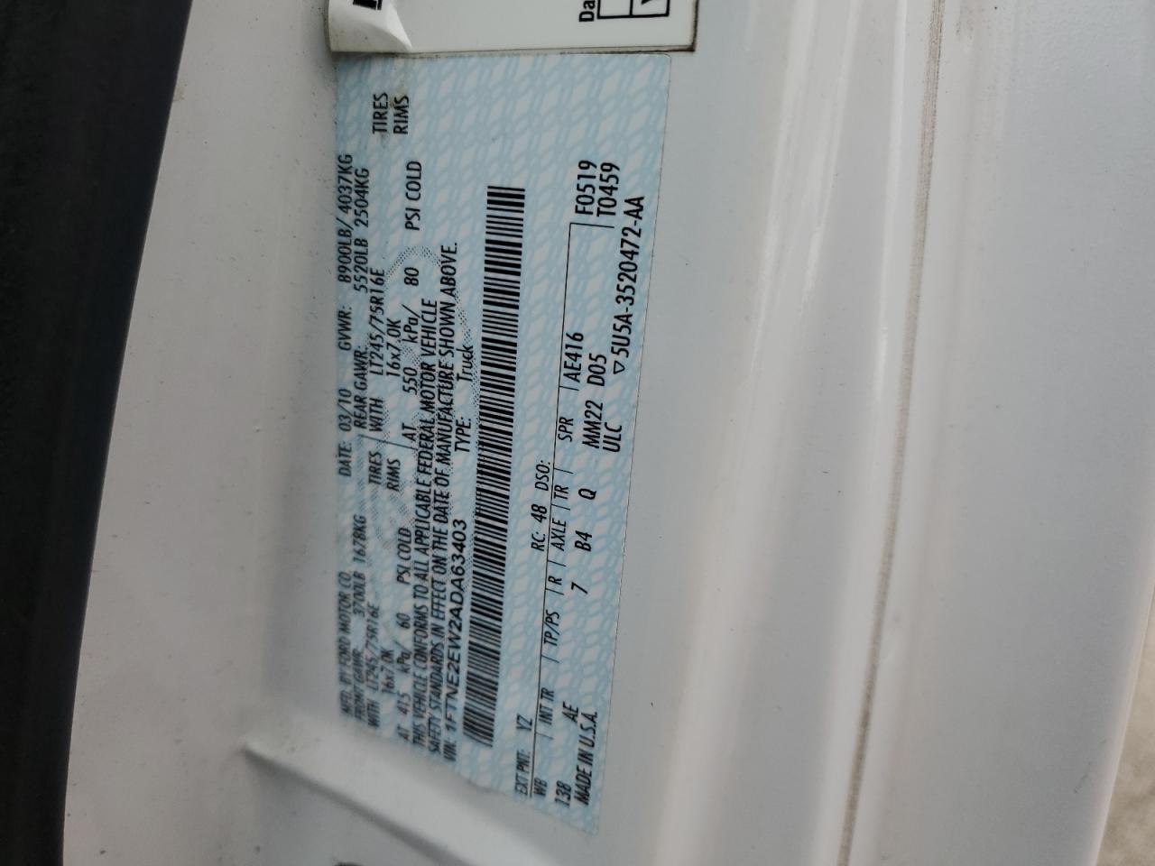 2010 Ford Econoline 250 Delivery Van VIN: 1FTNE2EW2ADA63403 Lot: 90423205