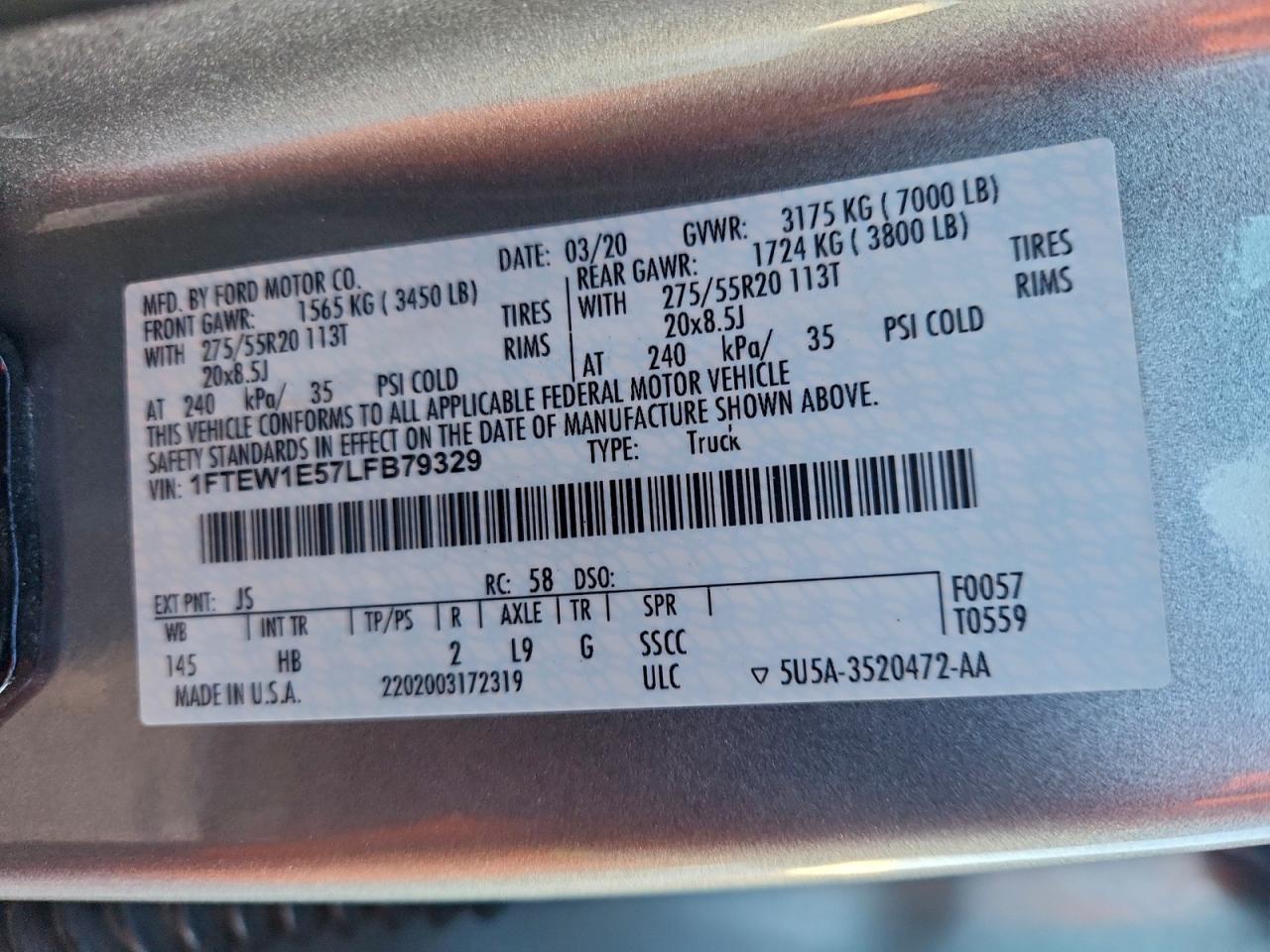 2020 Ford F150 Supercrew VIN: 1FTEW1E57LFB79329 Lot: 94197035