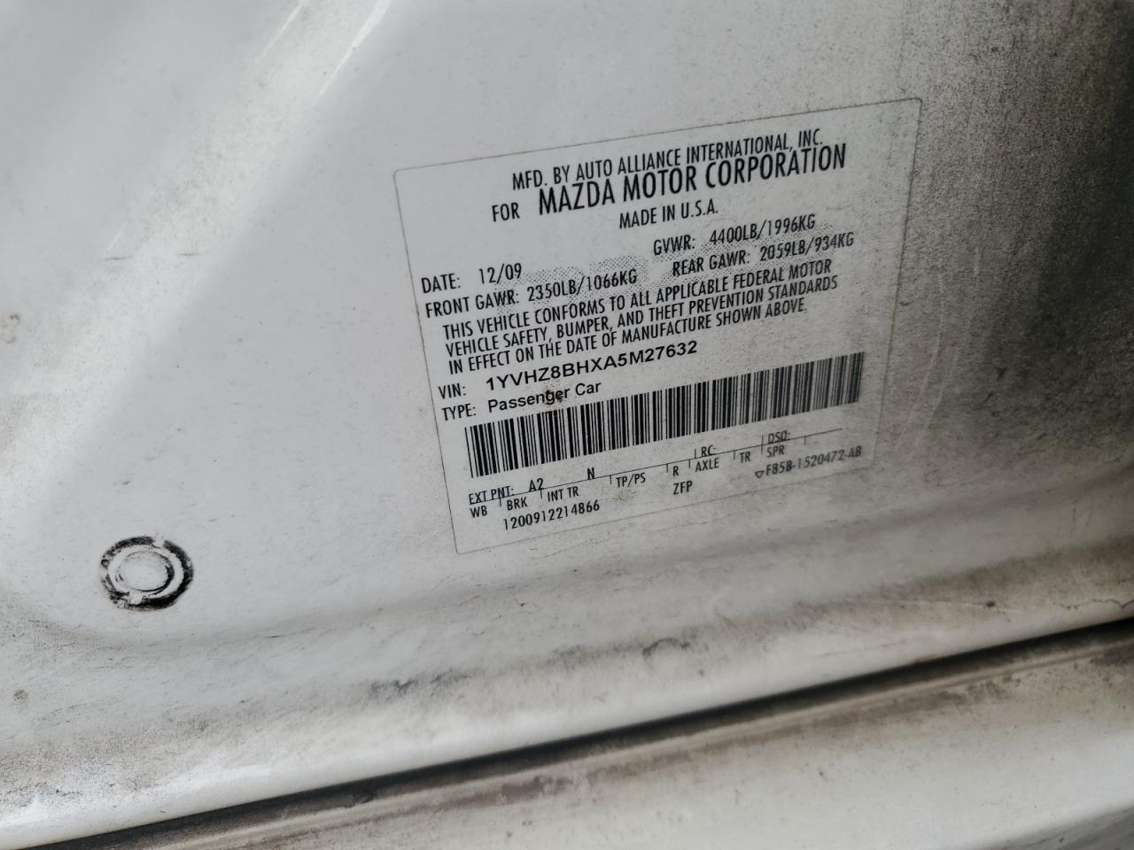 2010 Mazda 6 I VIN: 1YVHZ8BHXA5M27632 Lot: 93088265