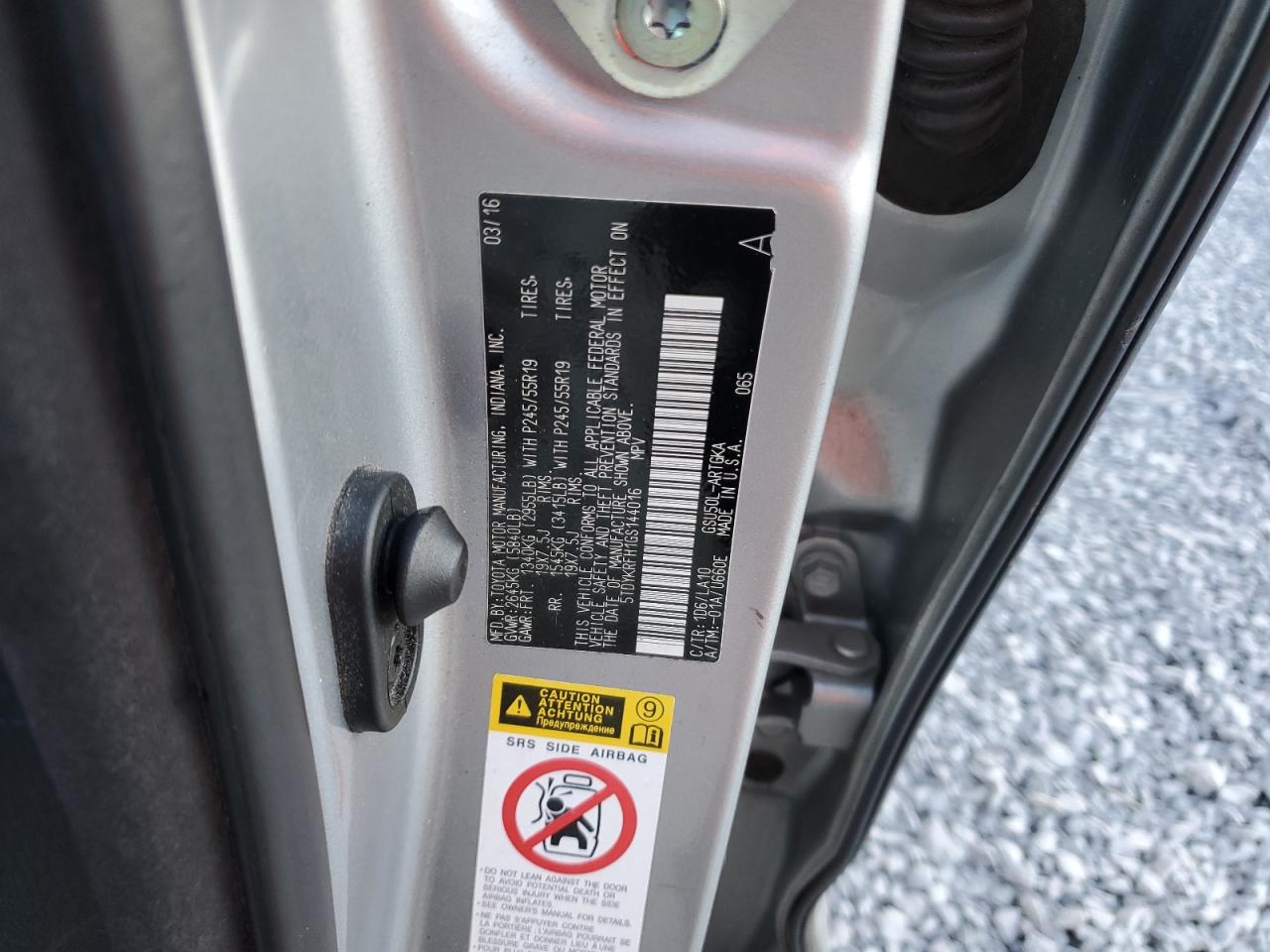 2016 Toyota Highlander Limited VIN: 5TDYKRFH1GS144016 Lot: 82627235