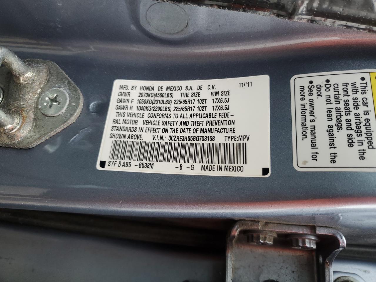 2011 Honda Cr-V Ex VIN: 3CZRE3H55BG703158 Lot: 93445325