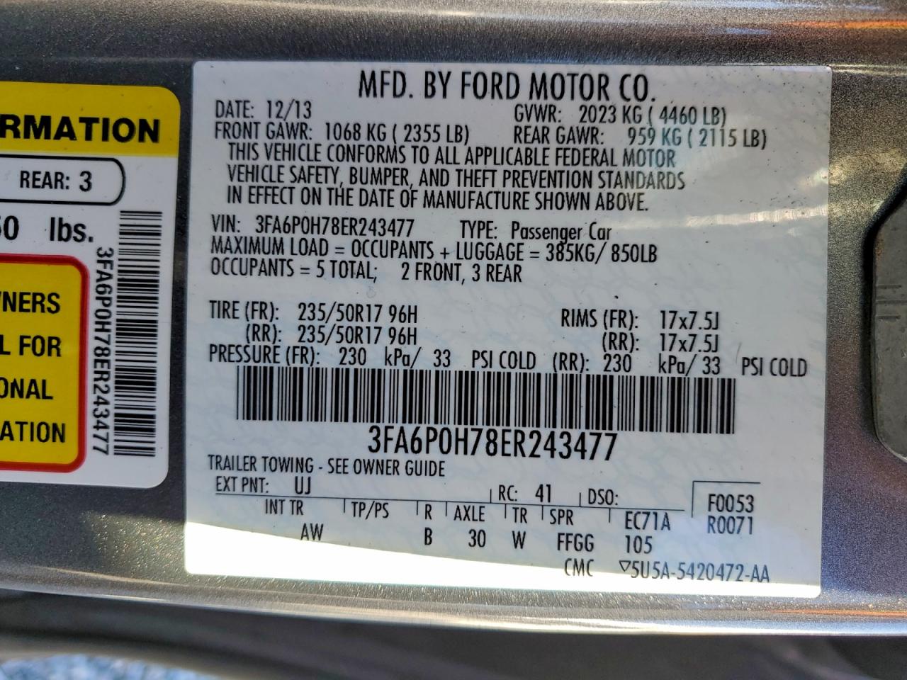 2014 Ford Fusion Se VIN: 3FA6P0H78ER243477 Lot: 94425835