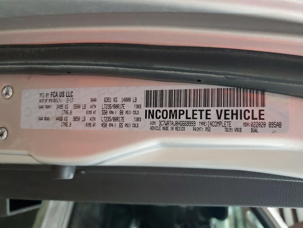 2017 Ram 3500 VIN: 3C7WRTAJ0HG669999 Lot: 92179325