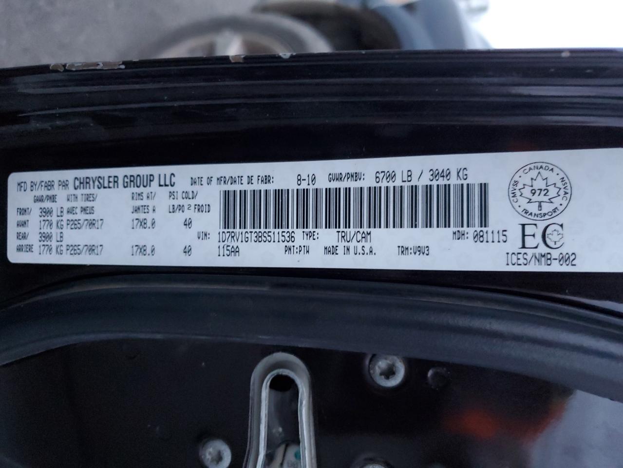2011 Dodge Ram 1500 VIN: 1D7RV1GT3BS511536 Lot: 93943995