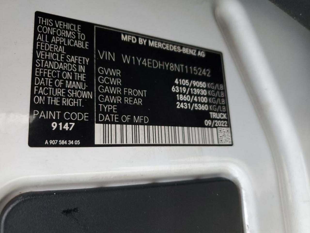 2022 Mercedes Benz Sprinter Delivery Van VIN: W1Y4EDHY8NT115242 Lot: 92858085