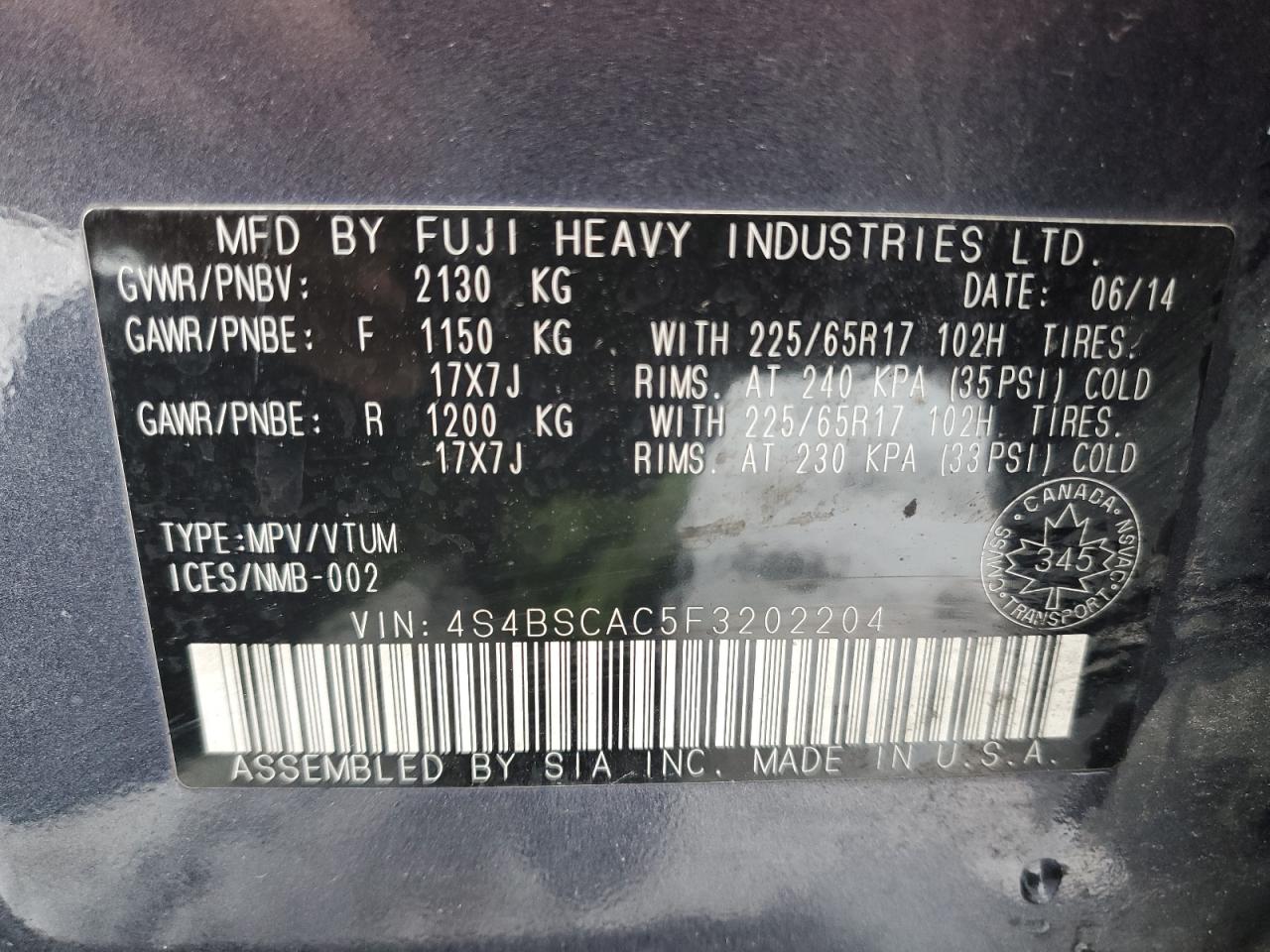 2015 Subaru Outback 2.5I VIN: 4S4BSCAC5F3202204 Lot: 92169305