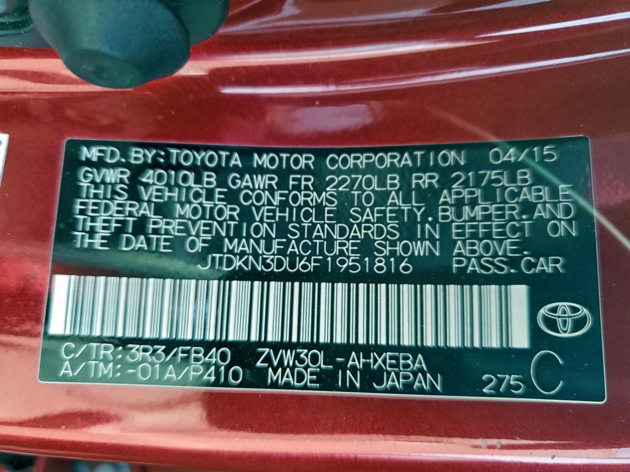 2015 Toyota Prius VIN: JTDKN3DU6F1951816 Lot: 92881045