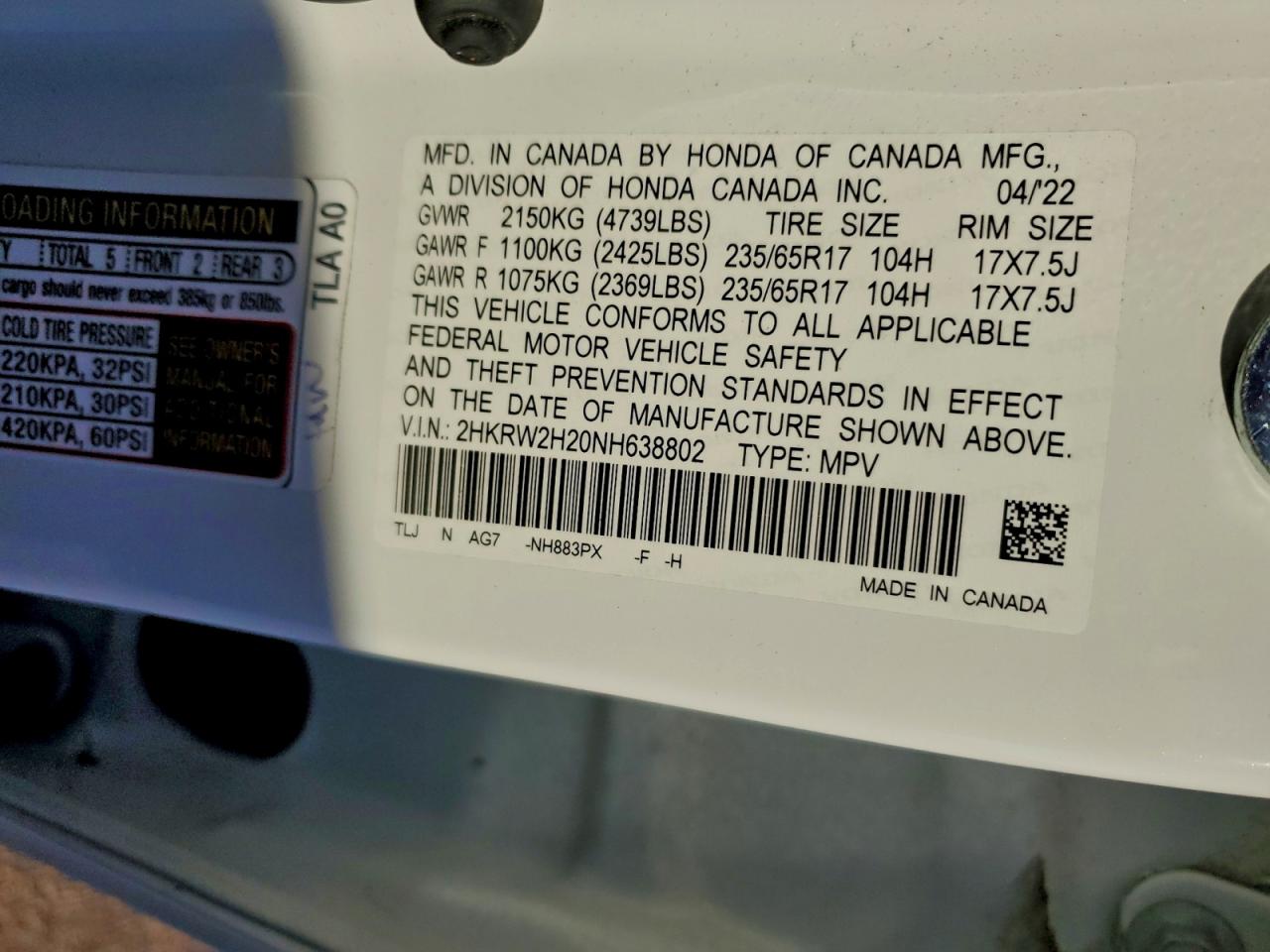 2022 Honda Cr-V Lx VIN: 2HKRW2H20NH638802 Lot: 94078805