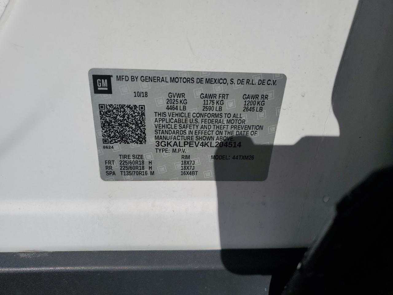 2019 GMC Terrain Slt VIN: 3GKALPEV4KL204514 Lot: 87028625