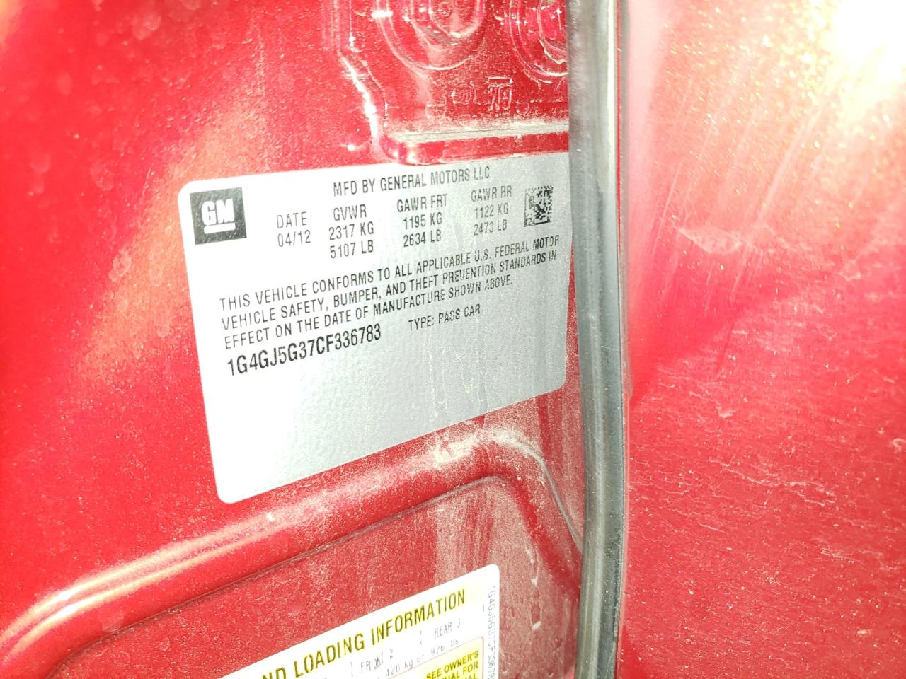 2012 Buick Lacrosse Touring VIN: 1G4GJ5G37CF336783 Lot: 92733575