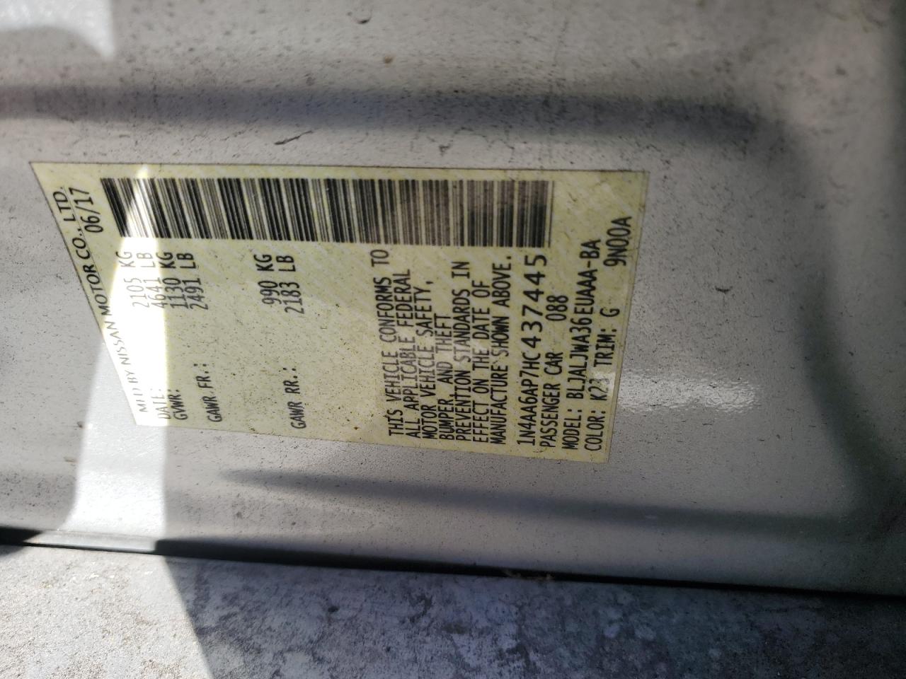 2017 Nissan Maxima 3.5S VIN: 1N4AA6AP7HC437445 Lot: 91357185