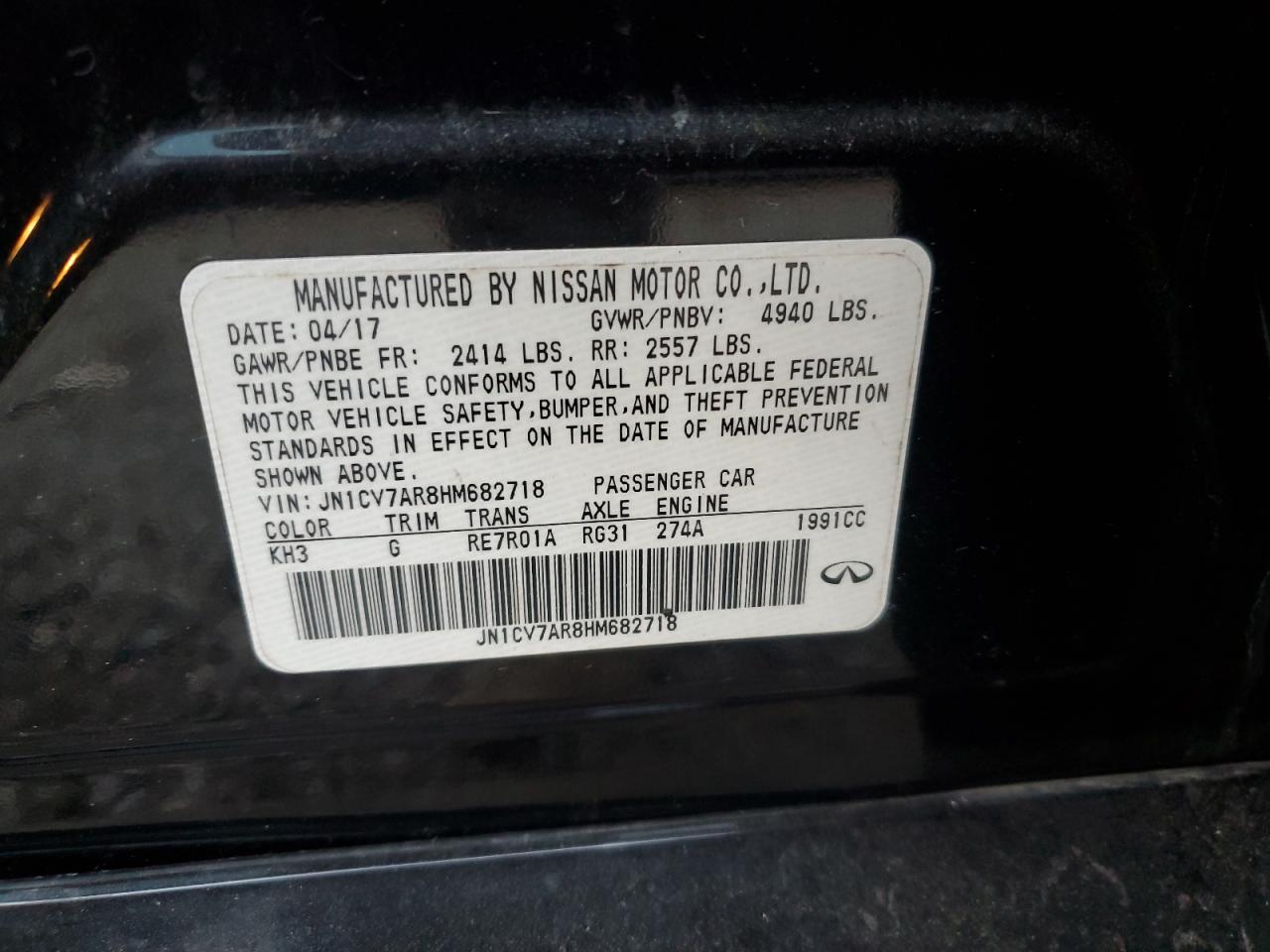 2017 Infiniti Q50 Base VIN: JN1CV7AR8HM682718 Lot: 92376815